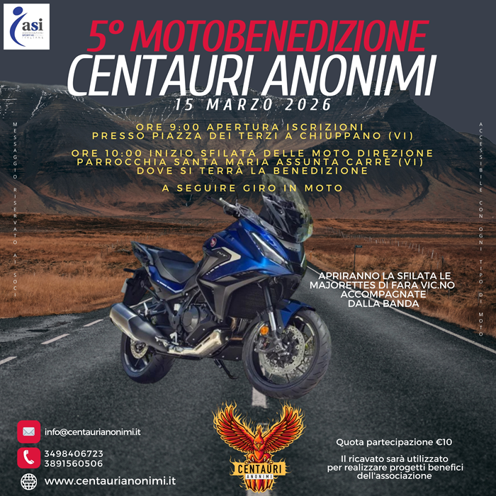 Locandina evento 5° MOTOBENEDIZIONE Centauri Anonimi NO PROFIT APS se